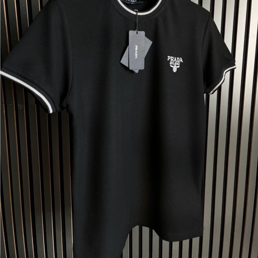 Prada Black Short Sleeve Logo T-Shirt with White Trim
